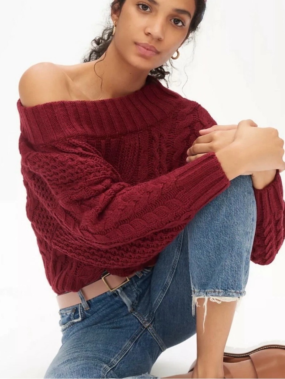 Anthropologie Melissa Off-Shoulder Cable Knit Sweater in Maroon Women’s Size XS